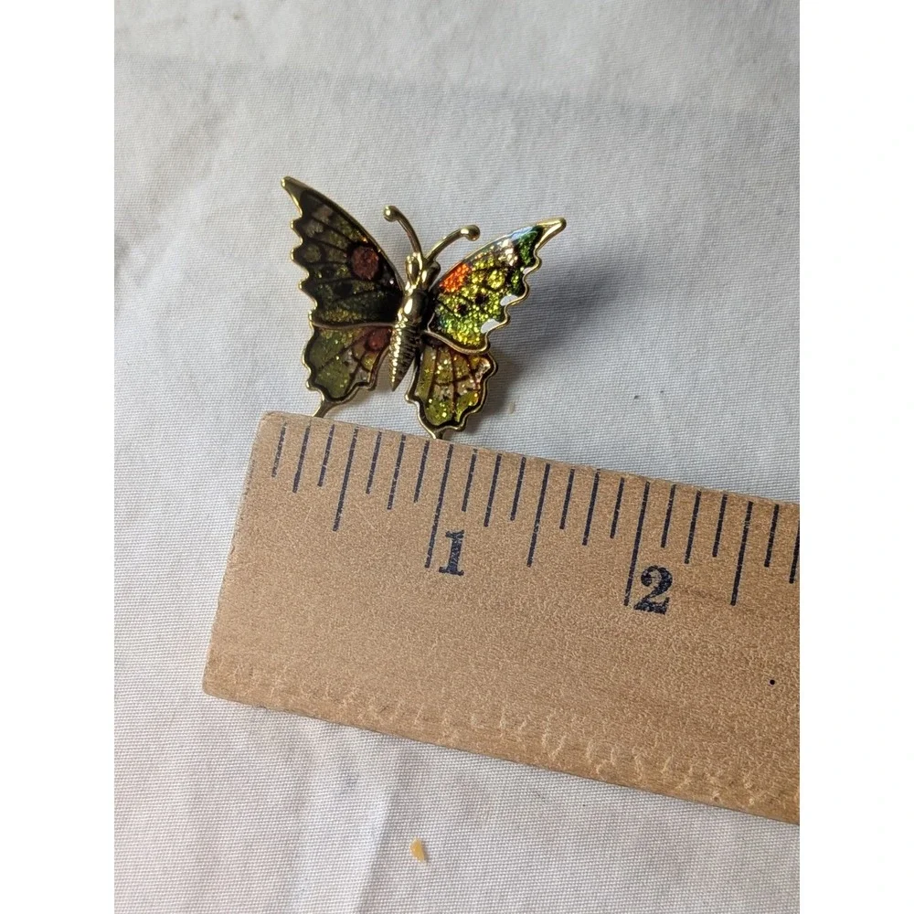 Vintage‎ Gold Tone Glitter Enamel Butterfly Brooch Pin Green Orange Whimsical